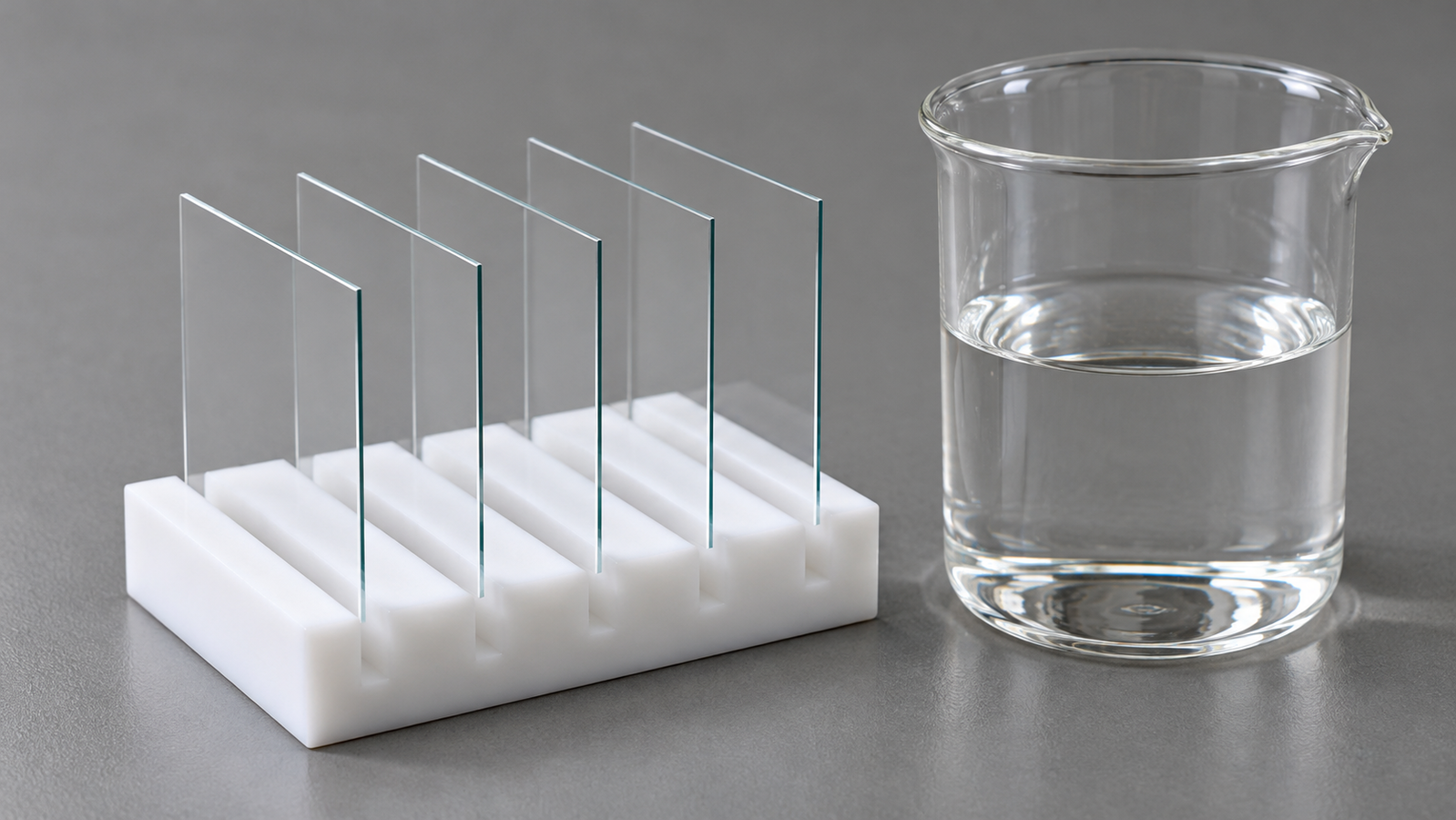 Five thin glass substrates standing upright in a white slotted rack beside a glass beaker half filled with clear liquid
