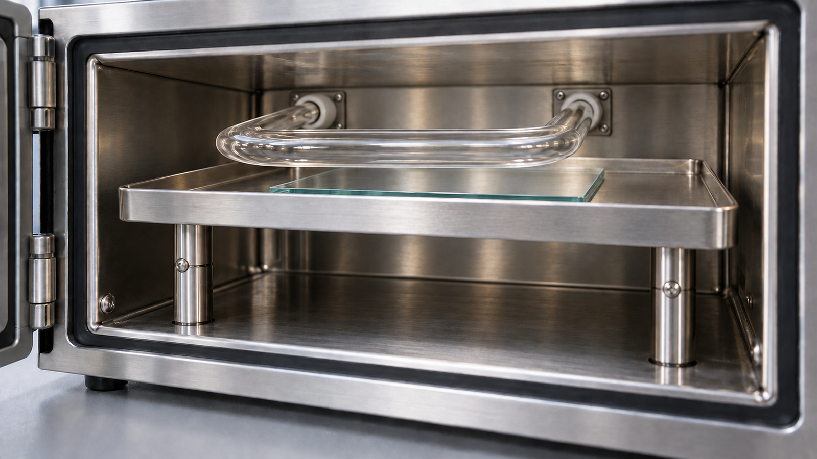 A glass plate on a tray beneath an unlit U-shaped quartz lamp inside an open stainless chamber