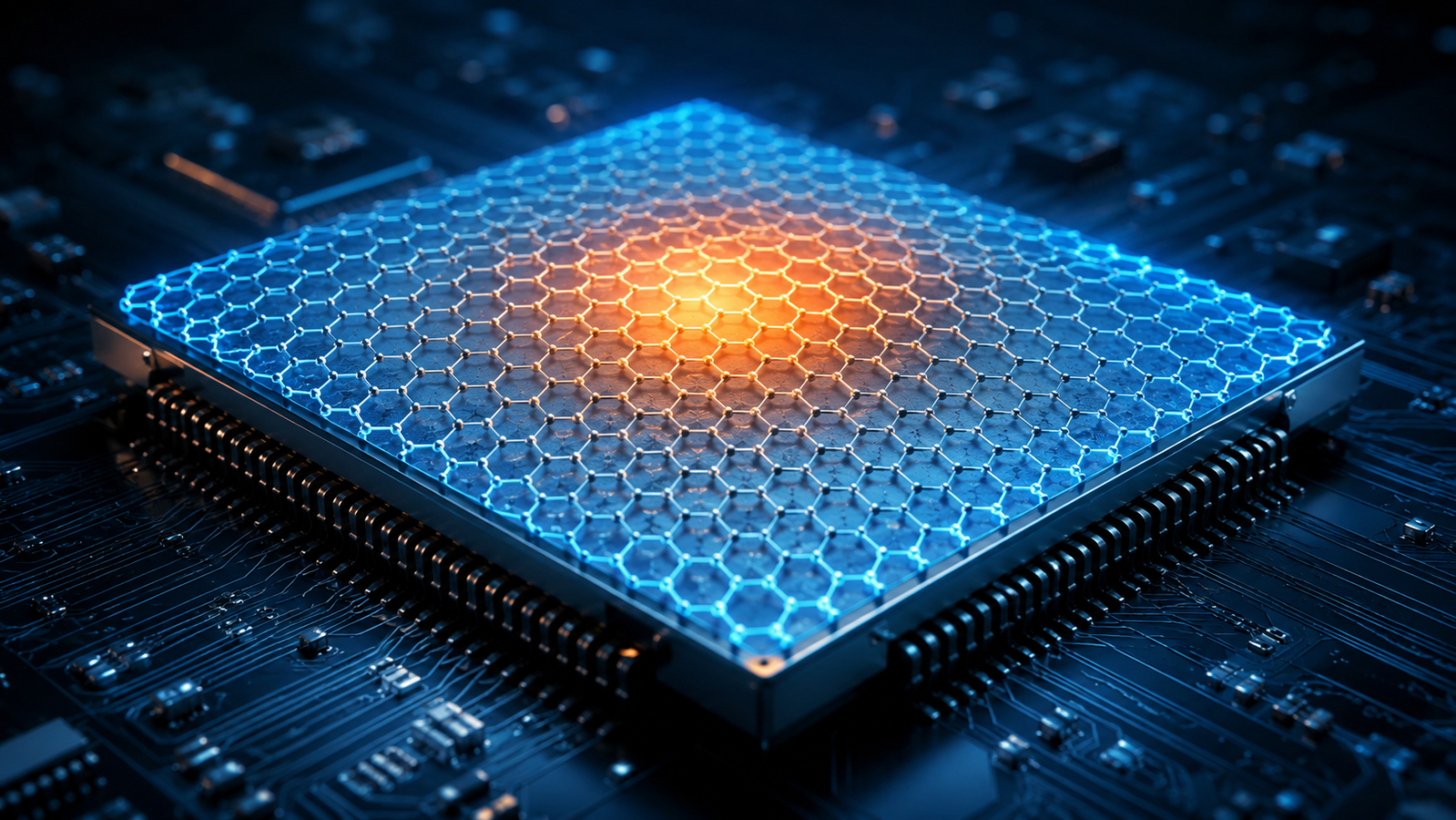 Graphene heat spreader dissipating heat from a semiconductor chip in advanced electronics