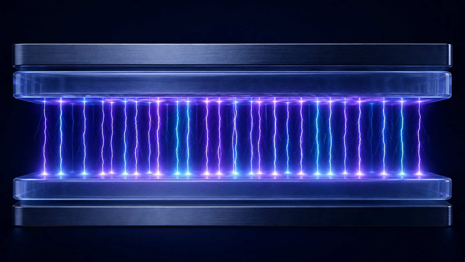 Cross-section schematic of a dielectric barrier discharge cell with electrodes, dielectric layers, gas gap, and glowing micro-discharge filaments