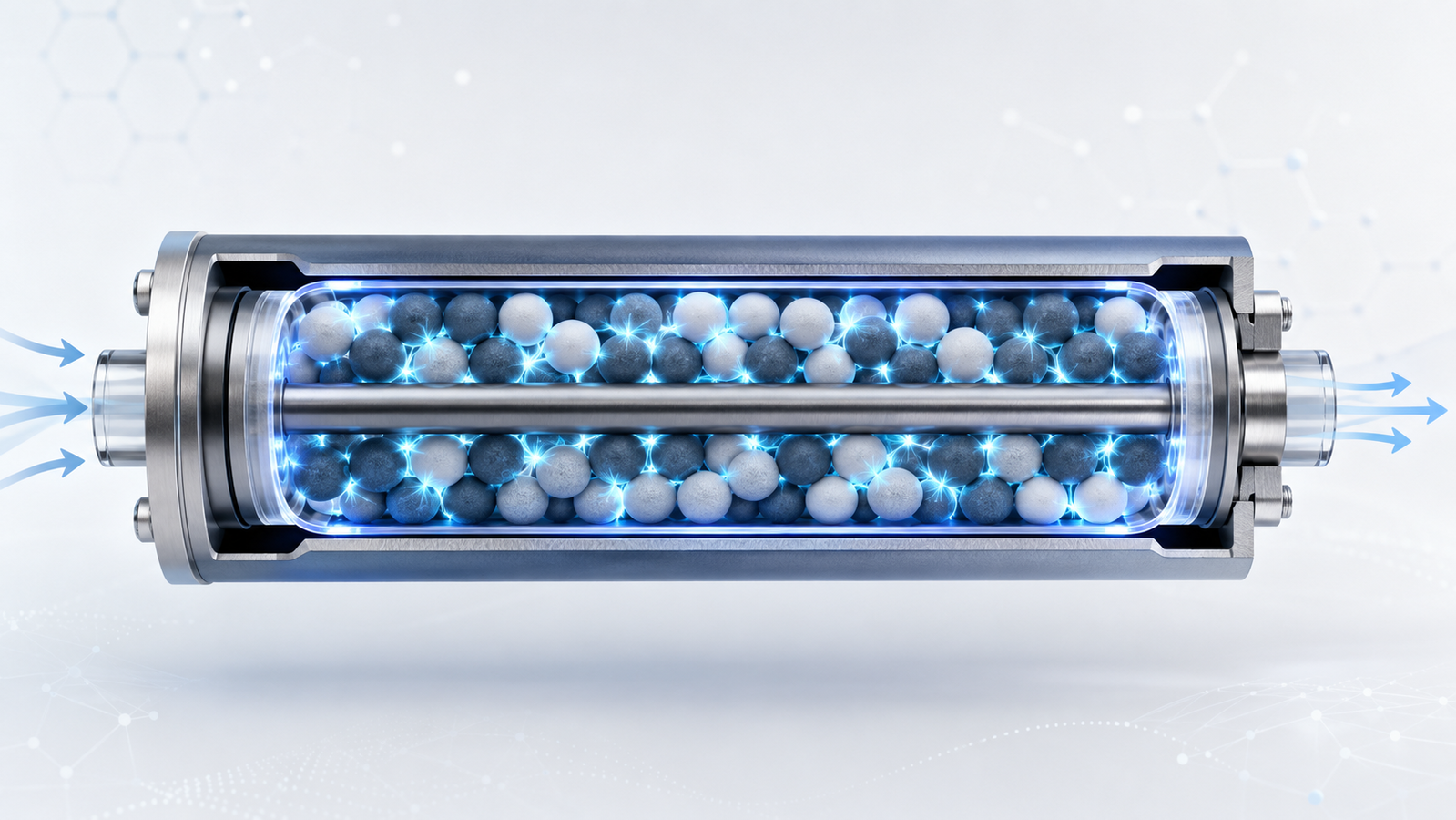Cross-section of a packed-bed dielectric barrier discharge reactor: catalyst pellets fill the annular gap and the plasma glow concentrates at the pellet contact points, with gas flowing through