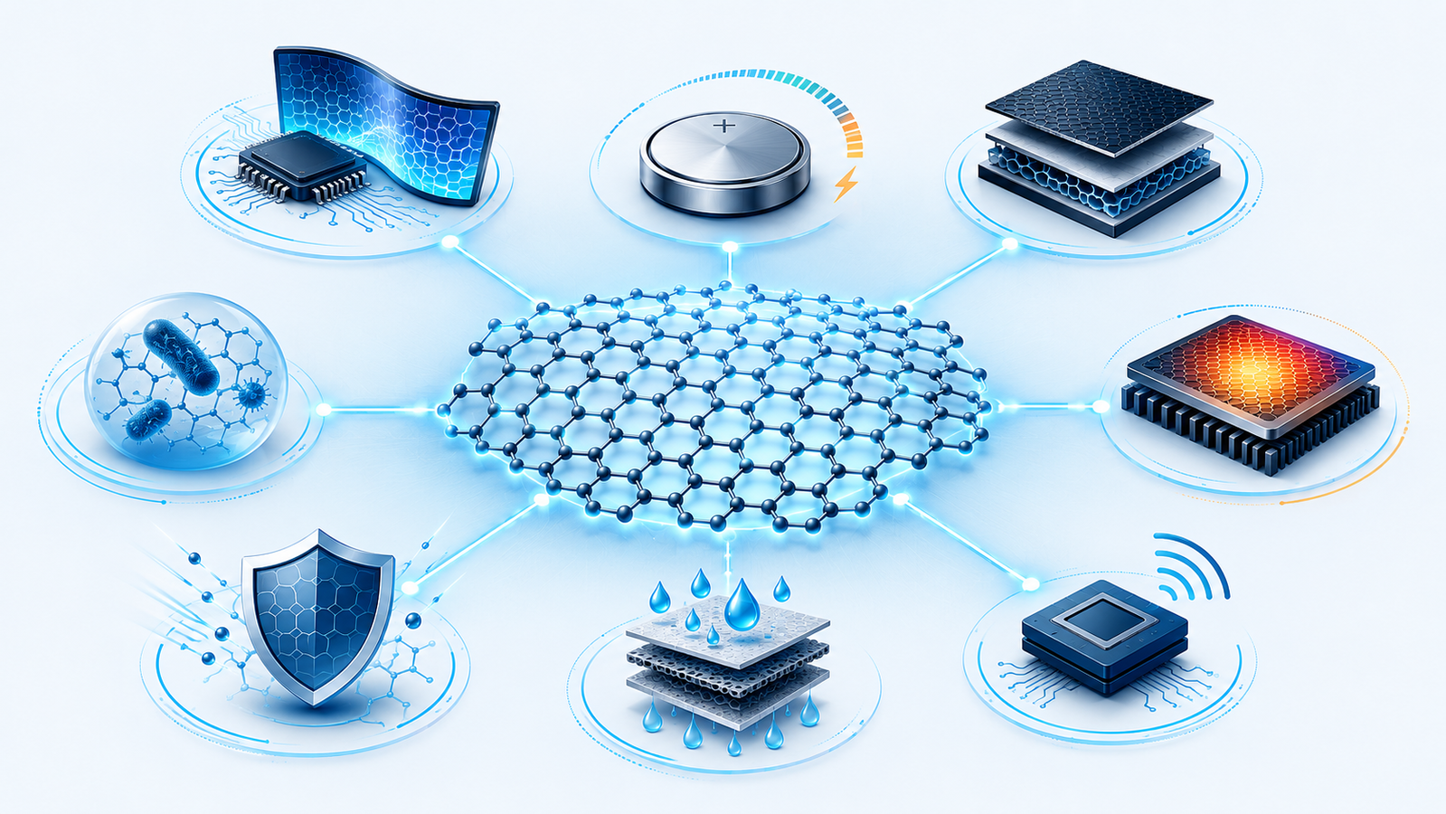 Map of graphene applications across electronics, energy, composites, sensors, membranes, and biomedicine, radiating from a central graphene lattice