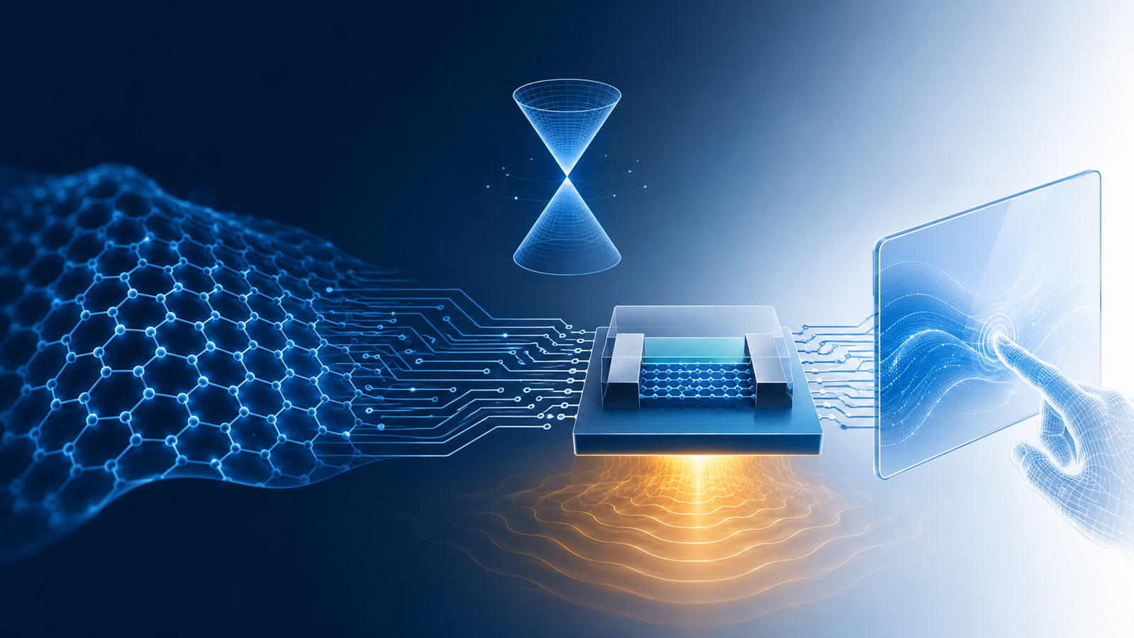 Conceptual illustration of graphene in electronics: a glowing honeycomb carbon lattice merging into circuit traces, a transistor and a transparent touchscreen layer, with a Dirac-cone band-structure motif and a heat-spreading glow