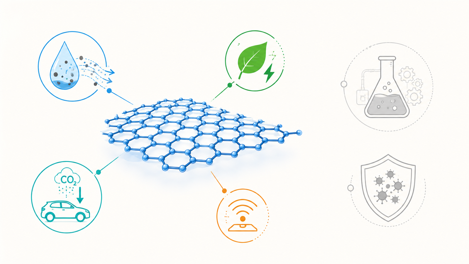 Graphene and the environment: a graphene lattice linked to clean water, renewable energy, a lighter vehicle, and a leaf, balanced against icons for production and particle safety