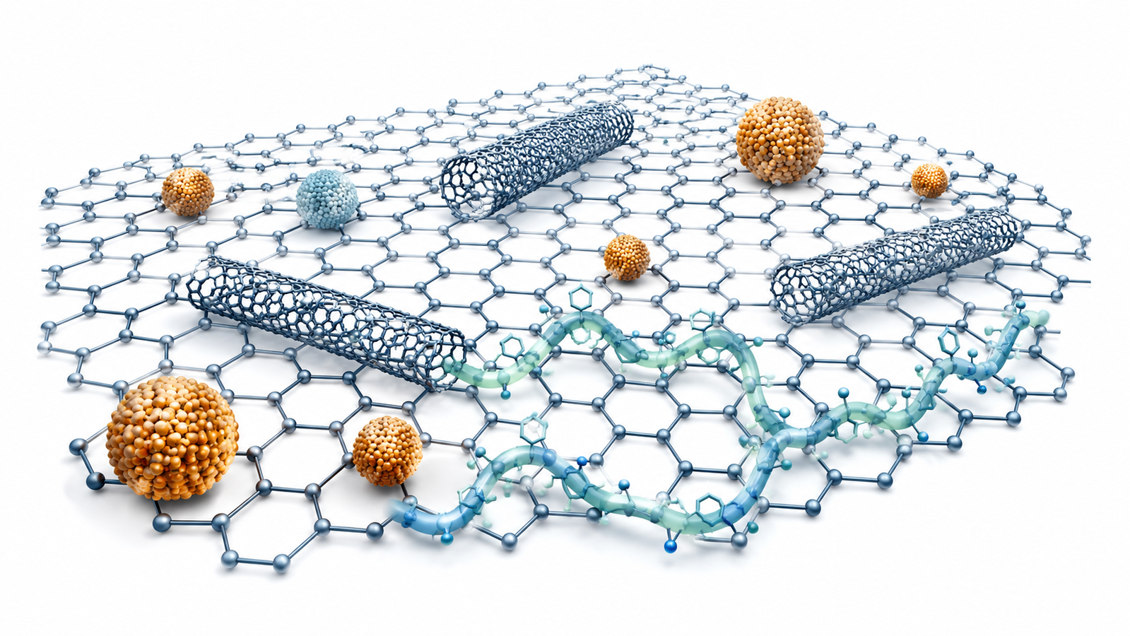 A graphene sheet decorated with metal-oxide nanoparticles, carbon nanotubes, and a conducting polymer, illustrating several families of graphene hybrid materials