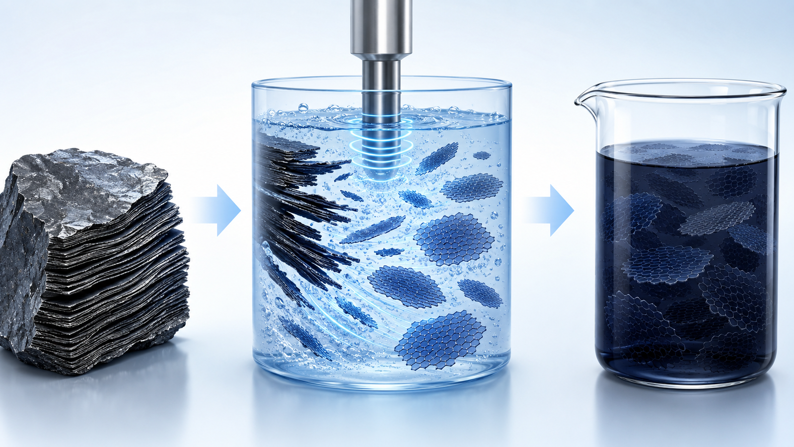 Graphite flakes exfoliating into dispersed graphene nanoplatelets in a liquid, with well-separated platelets staying suspended