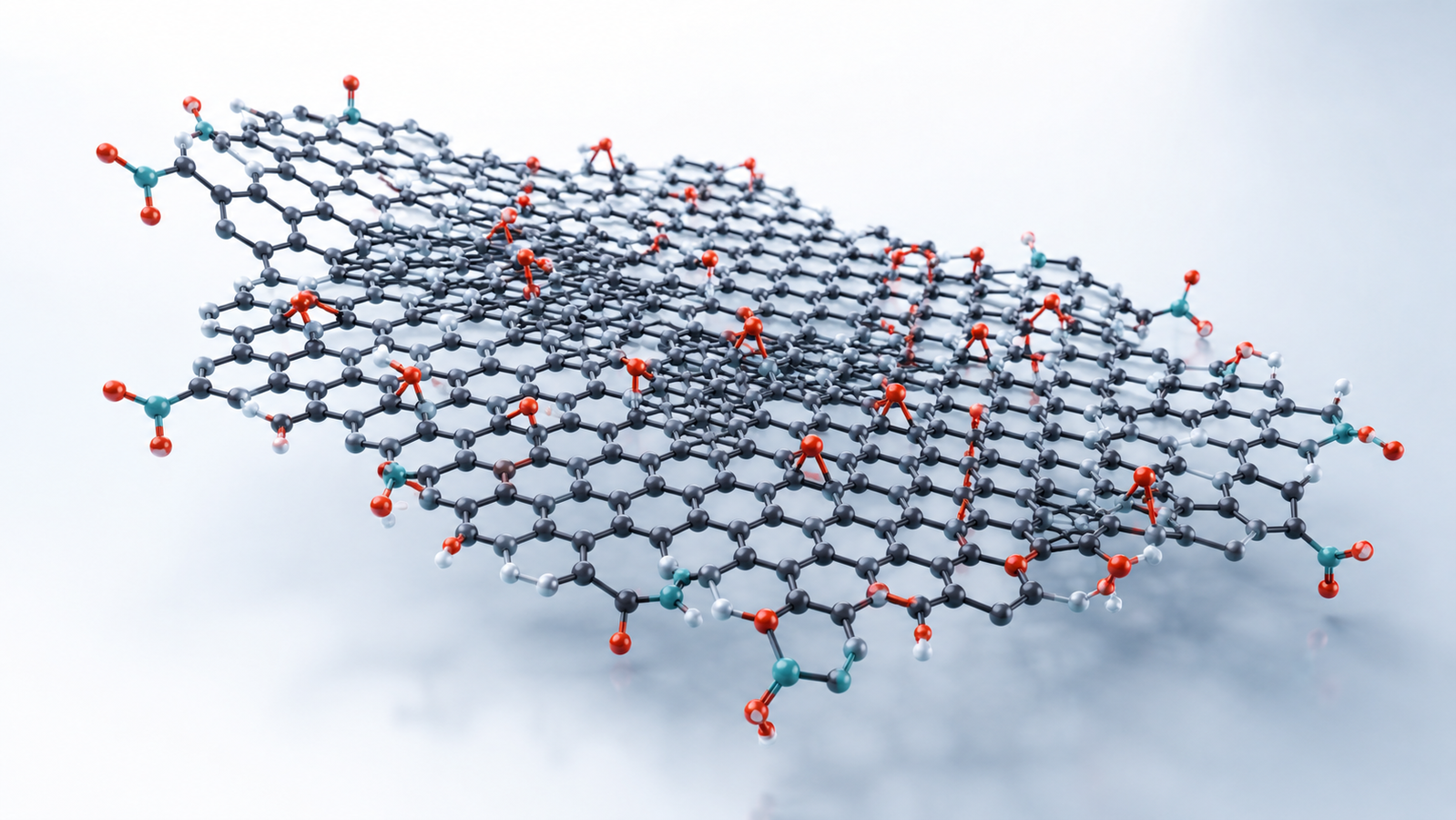 Concept illustration of a single graphene oxide sheet: a carbon honeycomb lattice decorated with epoxy and hydroxyl groups on the basal plane and carboxyl groups at the edges, with remaining sp2 domains