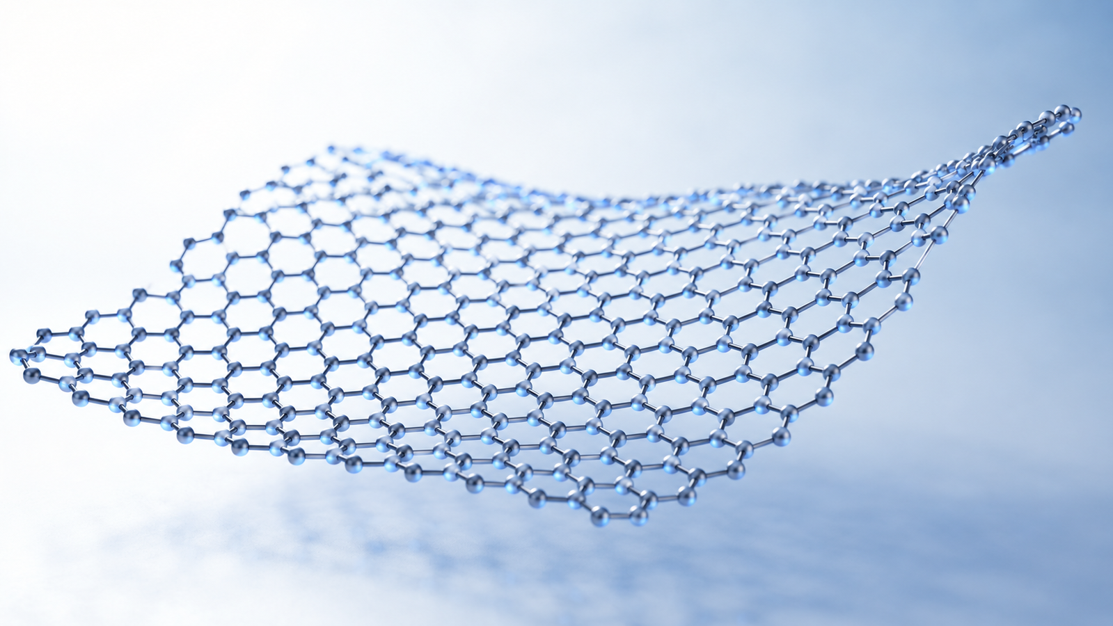Concept illustration of a single graphene sheet: carbon atoms bonded in a two-dimensional hexagonal honeycomb lattice, one atom thick