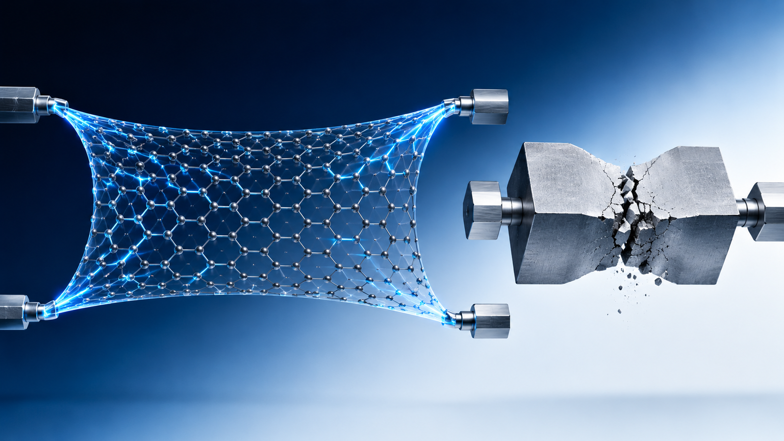 Conceptual illustration of graphene's super strength: a single honeycomb carbon lattice stretched taut under load, with bond lines glowing under tension, contrasted against a deforming steel block