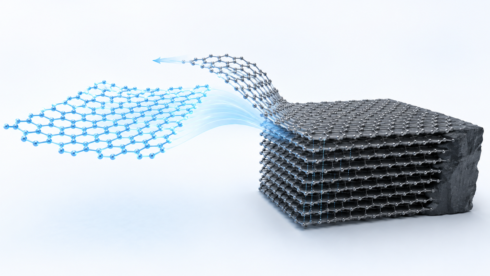 Side-by-side comparison of graphene, a single hexagonal layer of carbon atoms, and graphite, a three-dimensional stack of many such layers held together by weak van der Waals forces
