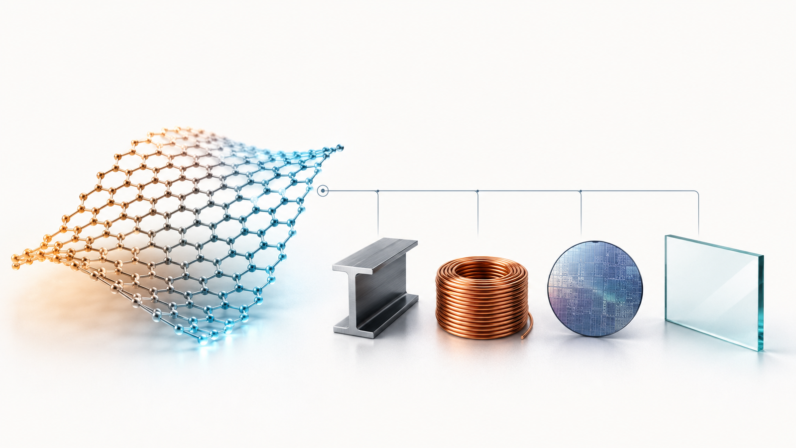 Graphene compared with conventional materials: a single hexagonal carbon sheet set against steel, copper, silicon, and glass across strength, conductivity, electron mobility, heat, and transparency