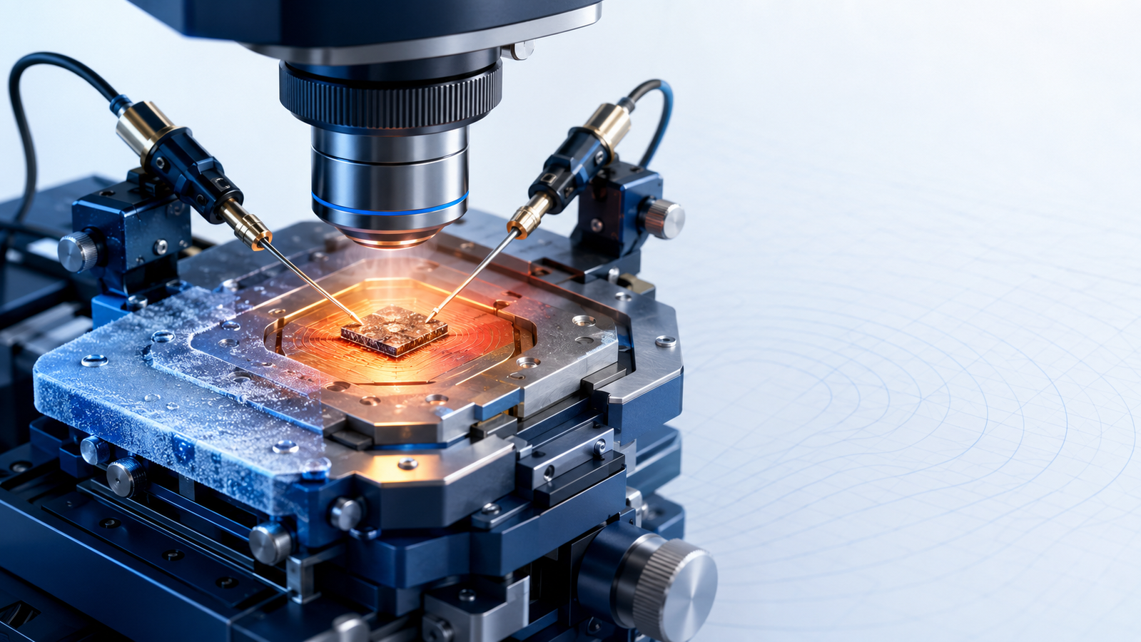 In-situ heating, cooling, and electrical stages: a specimen held at a controlled temperature inside a microscope while its microstructure, spectrum, and electrical response are measured in real time