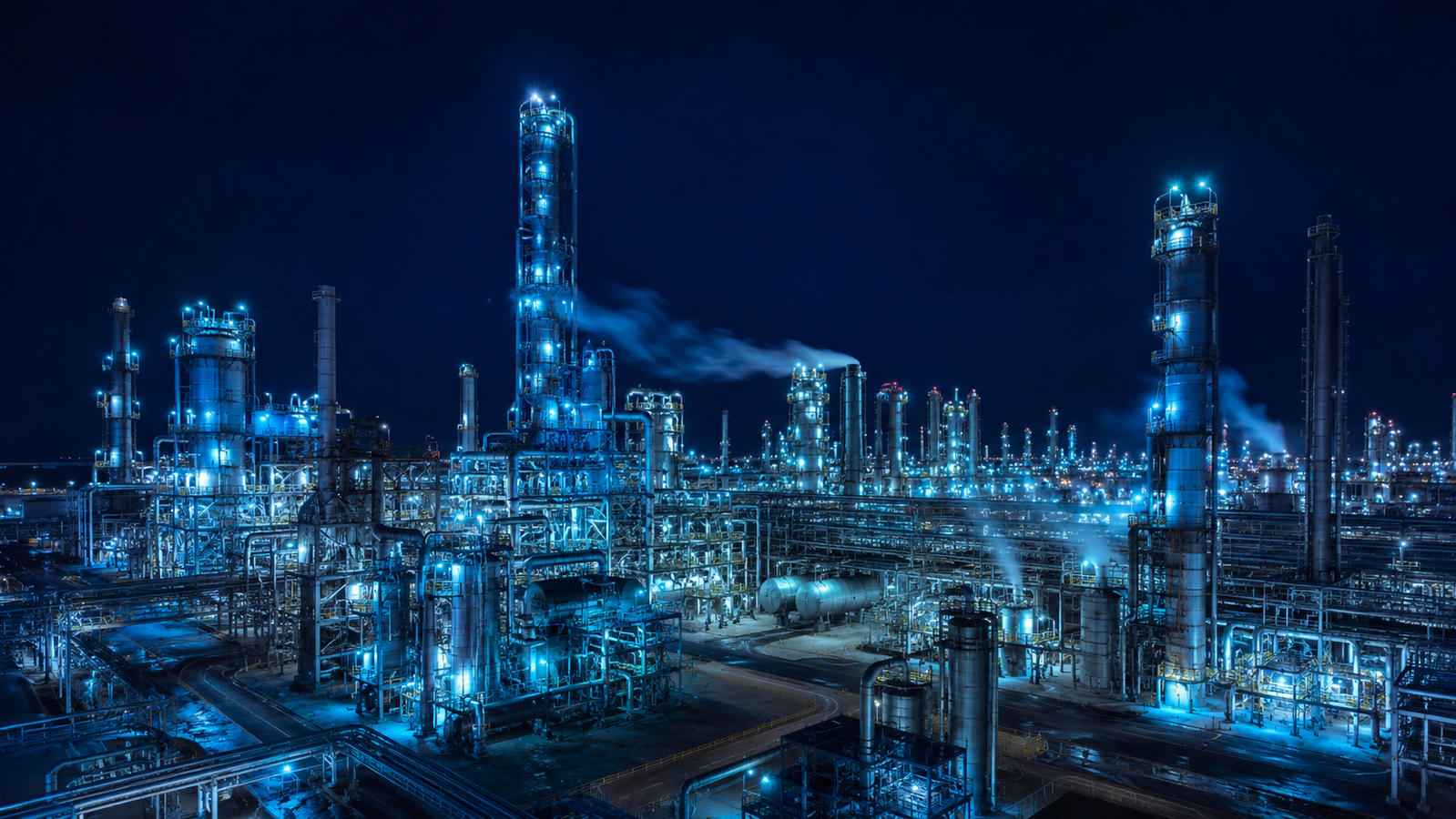 Petrochemical refinery complex at night where zeolite catalysts such as ZSM-5 upgrade hydrocarbon streams