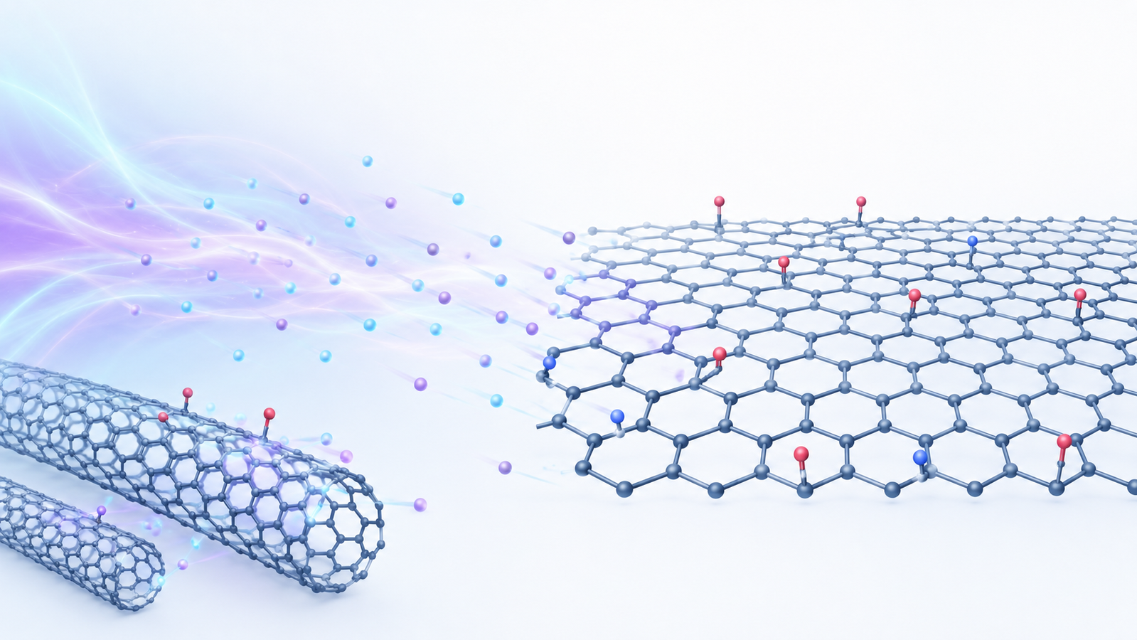 Plasma functionalization of graphene and carbon nanotubes: a glowing gas plasma grafts oxygen, nitrogen and other functional groups onto a carbon nanomaterial surface, improving its wettability, dispersion and bonding