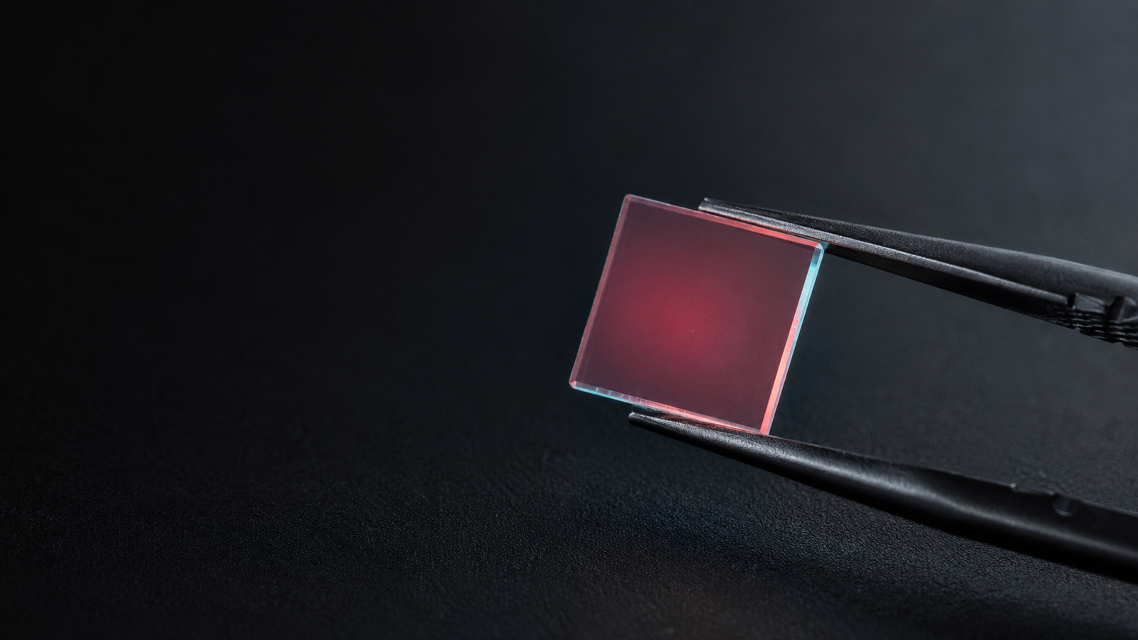 A polished single-crystal quantum diamond plate held by tweezers against a dark background, glowing warm red from the fluorescence of its nitrogen-vacancy (NV) centers