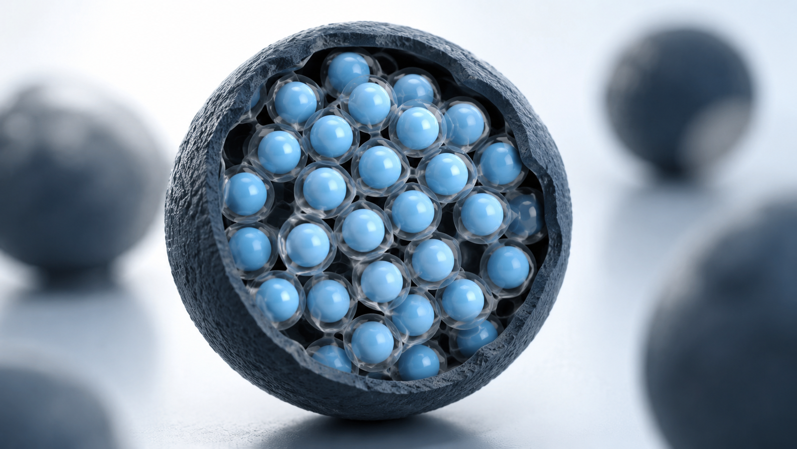 Cross-section concept of a Si/C composite anode particle: silicon nanoparticles embedded in a porous carbon framework with engineered void space
