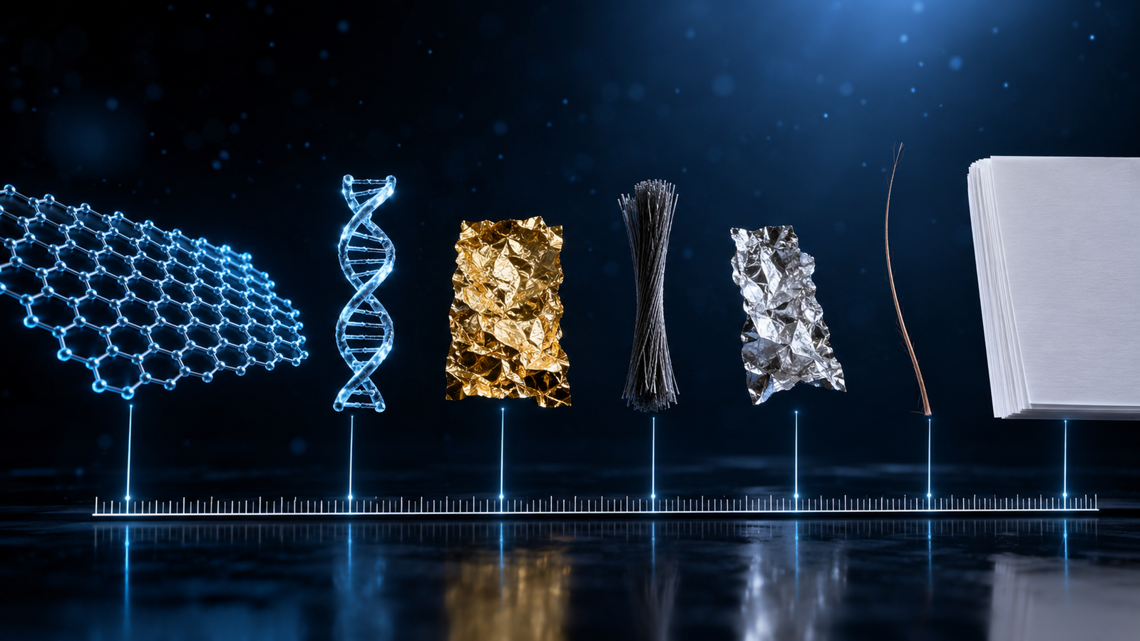 Photorealistic lineup of objects ordered by thickness on a scale - a glowing graphene sheet, DNA, gold leaf, carbon fiber, foil, a human hair and paper - showing graphene as the thinnest material in the world