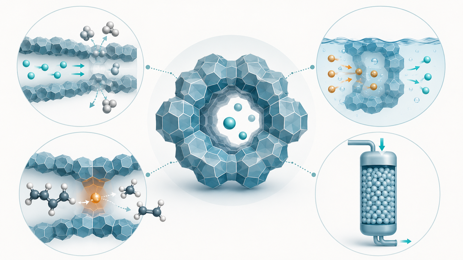 Overview of zeolite applications: molecular sieving and gas drying, ion exchange for water softening, acid-catalyzed conversion at a pore, and a packed adsorbent bed