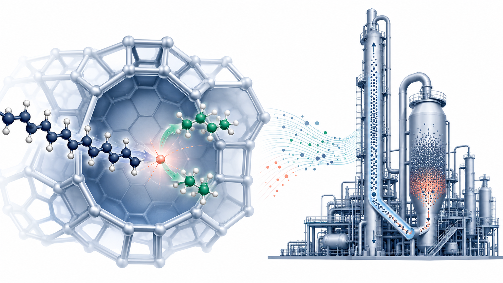 Conceptual illustration of catalytic cracking: a heavy hydrocarbon splitting into smaller molecules at a Bronsted acid site in the zeolite Y supercage, linked to a fluid catalytic cracking refinery unit