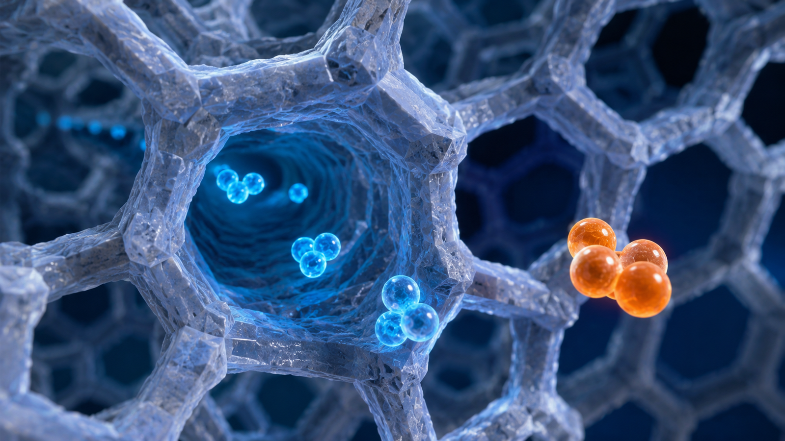 Conceptual illustration of organic molecules entering the nanoscale channels of a ZSM-5 zeolite crystal
