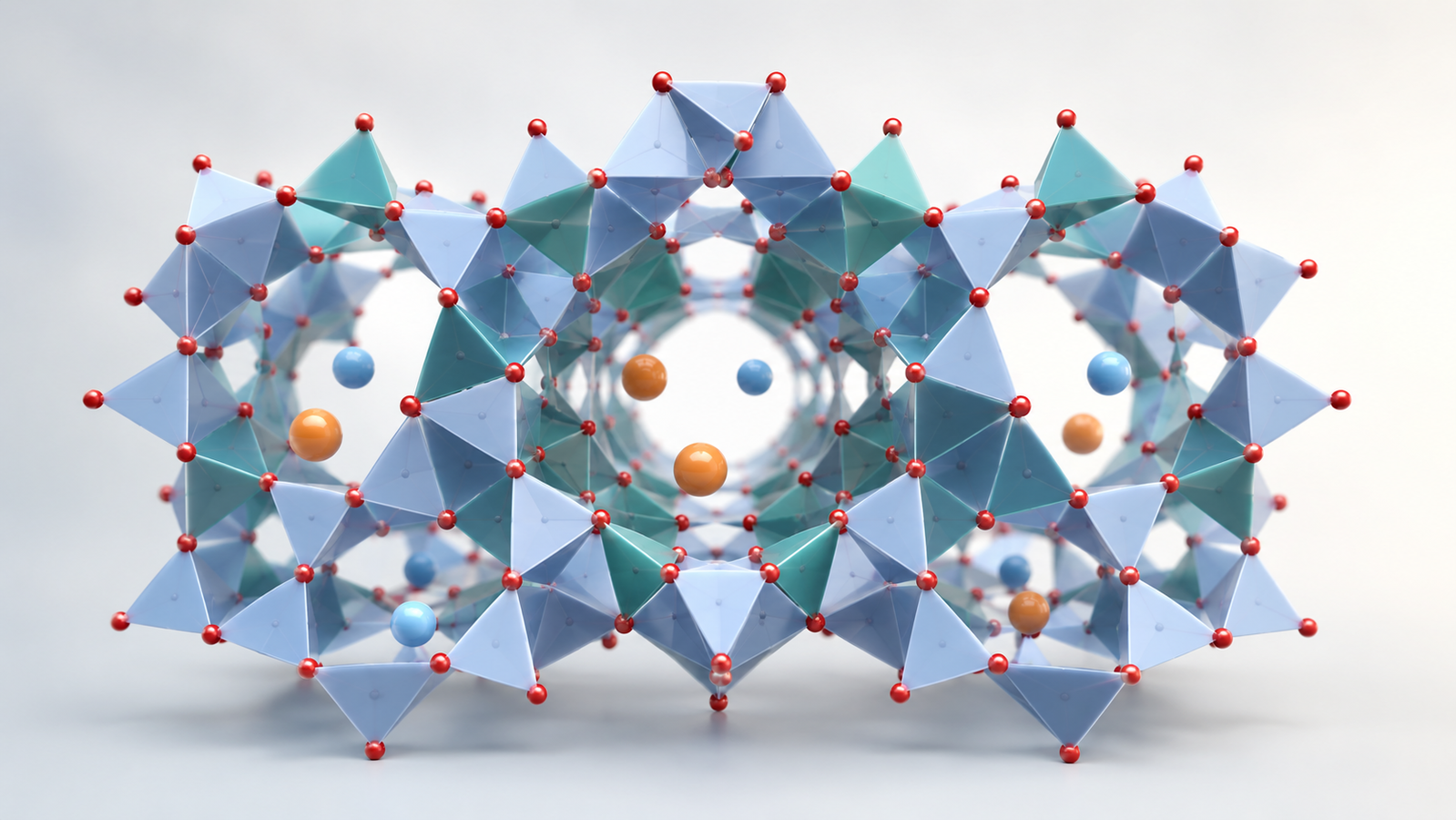 Illustration of a zeolite framework: corner-sharing silicon and aluminum oxide tetrahedra forming a crystalline lattice threaded with molecule-sized channels and cages, with cations in the pores